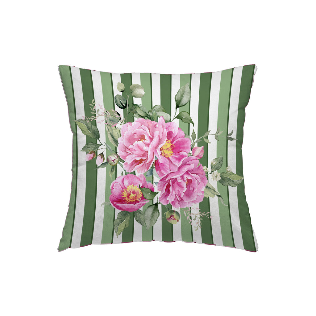 Peony cushion green stripes flowers