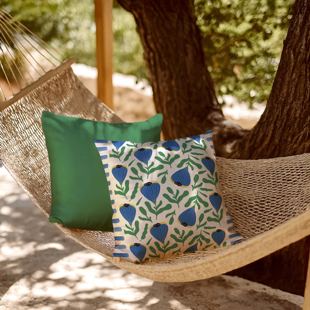 Fodera cuscino stampato Yoko fiori blu