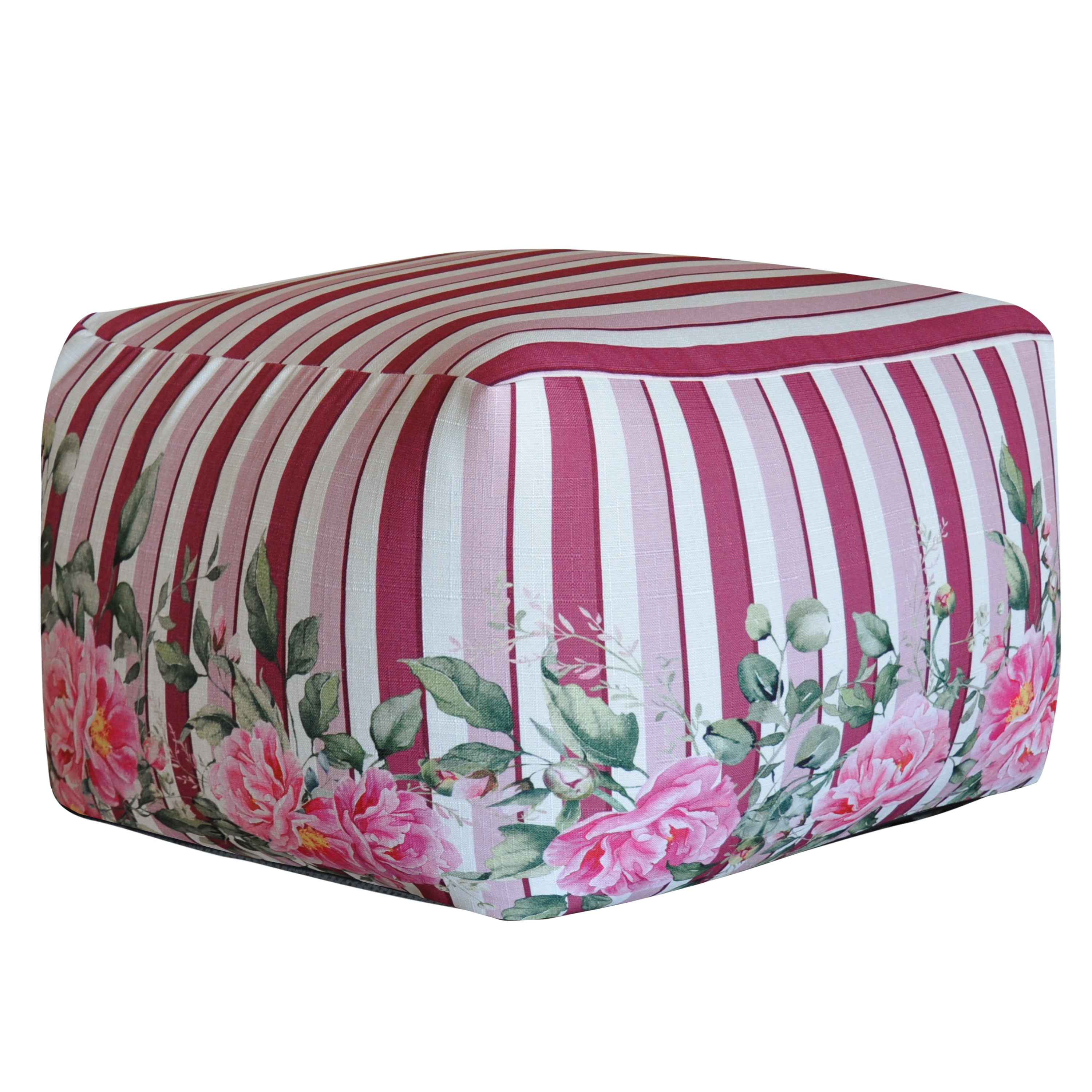 Pouf Quadrato Peony righe rosa fiori
