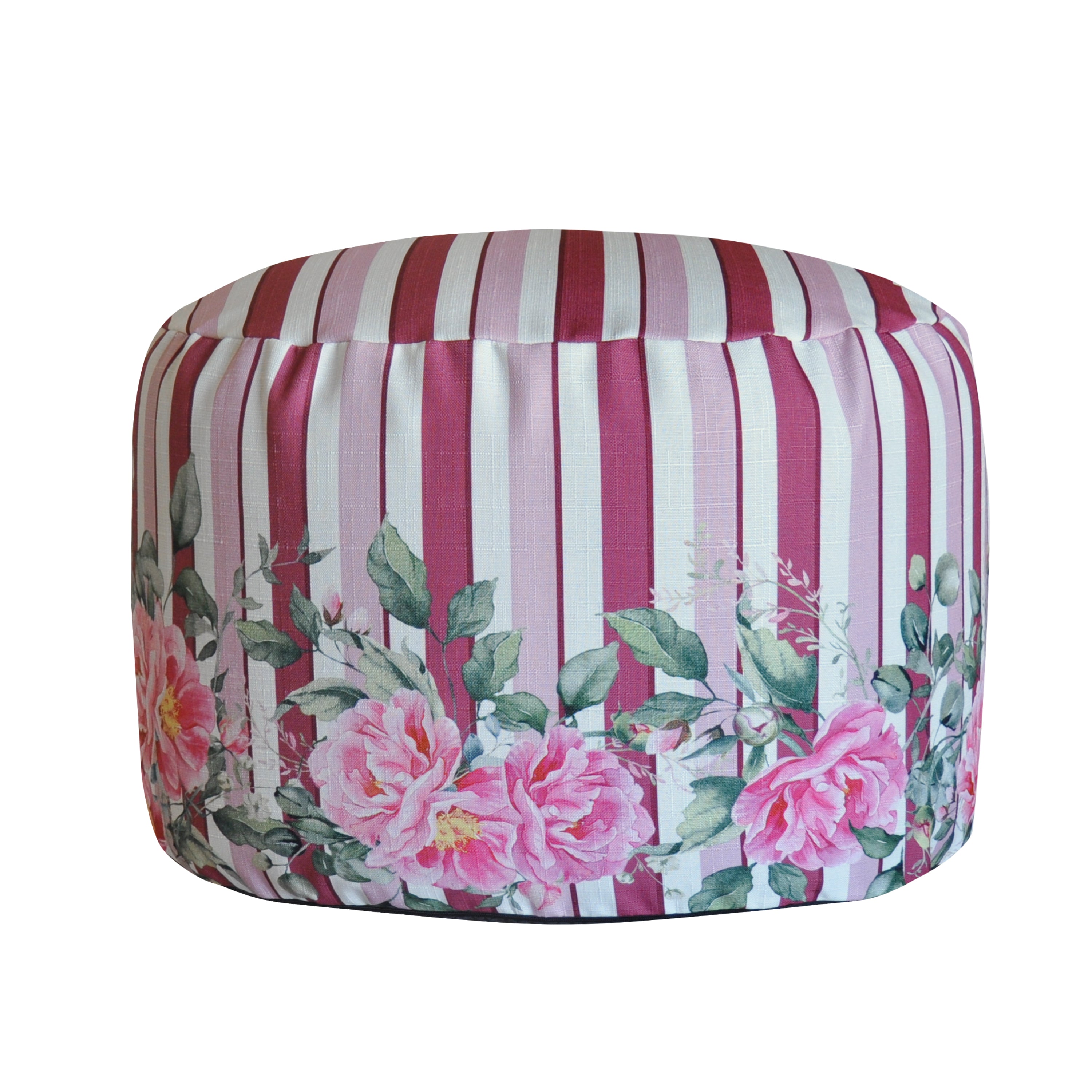 Pouf Rotondo Peony righe rosa fiori