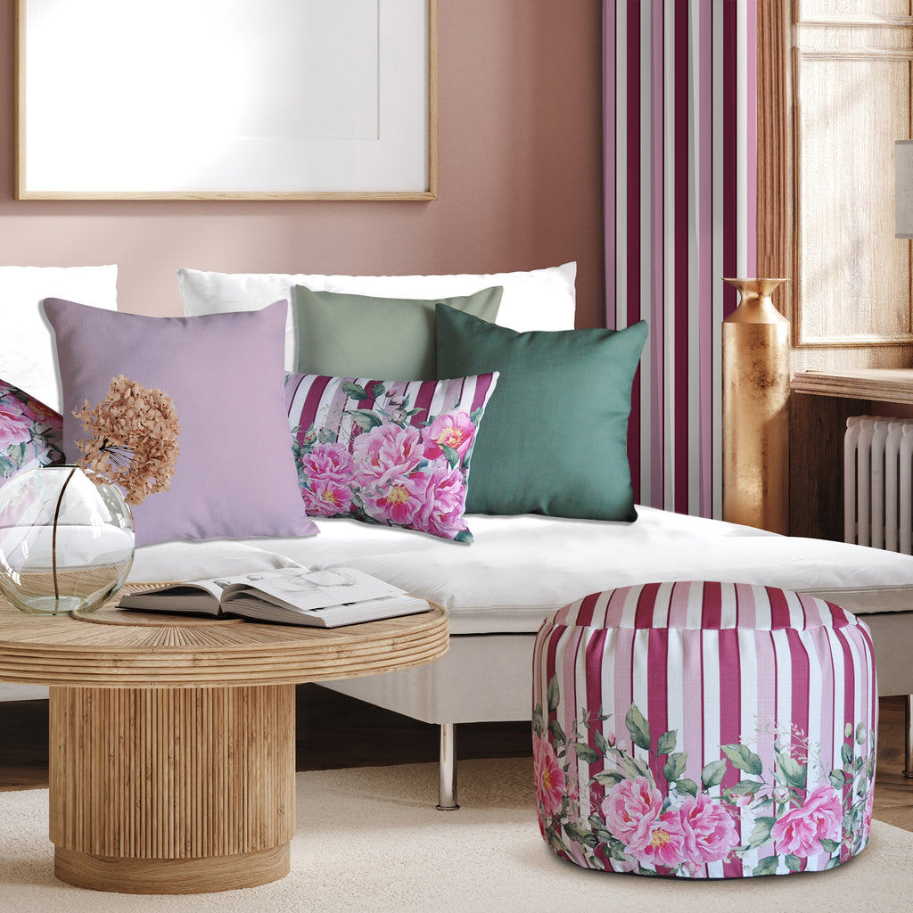 Pouf Rotondo Peony righe rosa fiori