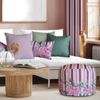 Pouf Rotondo Peony righe rosa fiori
